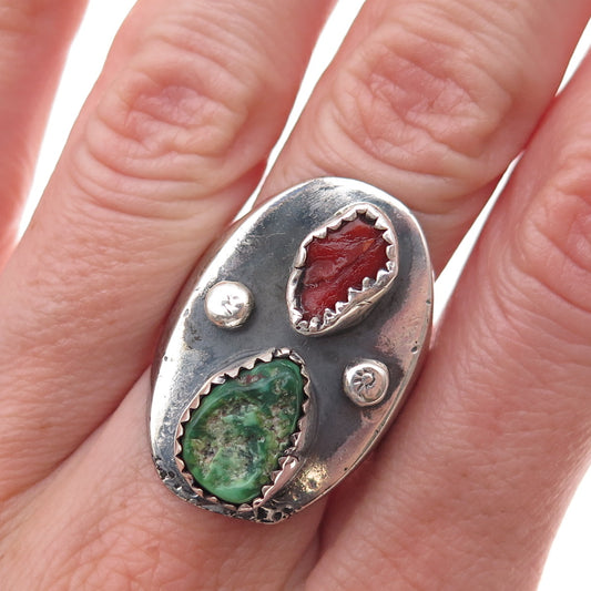 Old Pawn 925 Sterling Silver Vintage Southwestern Turquoise & Coral Ring Size 10