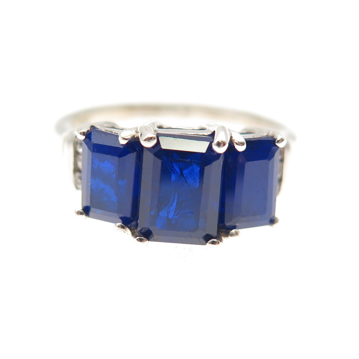 D'Joy 925 Sterling Silver Real Emerald-Cut Sapphire & White Topaz Ring Size 5