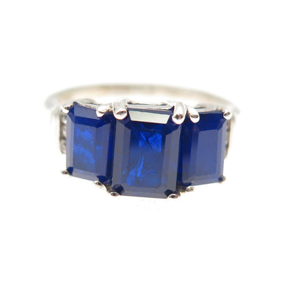 D'Joy 925 Sterling Silver Real Emerald-Cut Sapphire & White Topaz Ring Size 5