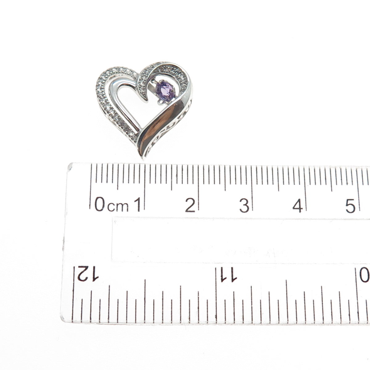 925 Sterling Silver Real Round-Cut Amethyst White Topaz Heart Mini Slide Pendant