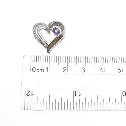 925 Sterling Silver Real Round-Cut Amethyst White Topaz Heart Mini Slide Pendant