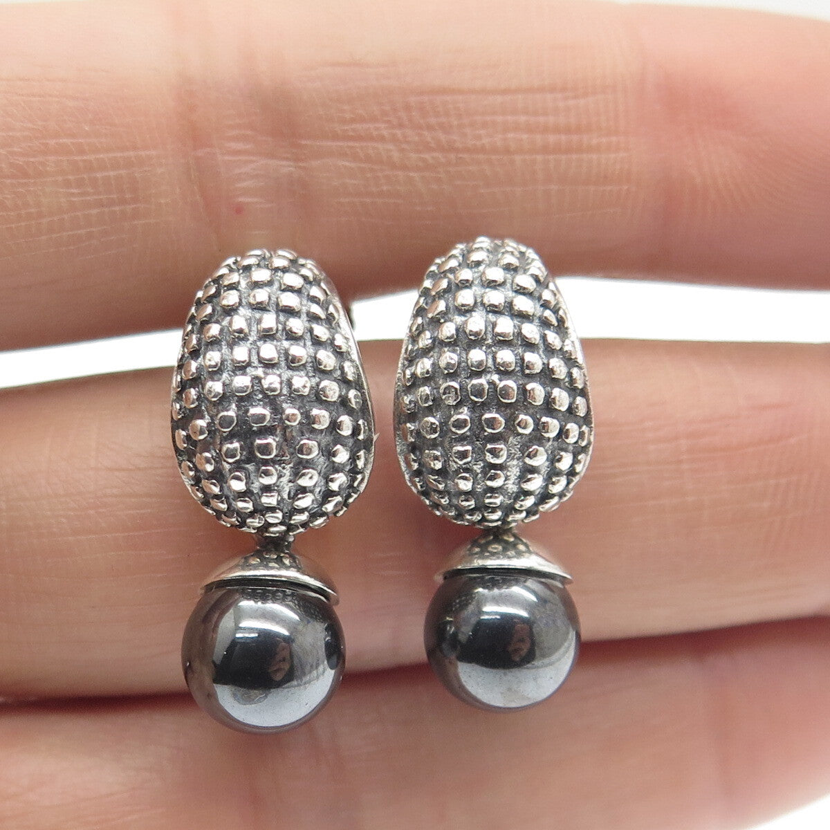 925 Sterling Silver Vintage Real Hematite Alligator Skin Oxidized Earrings