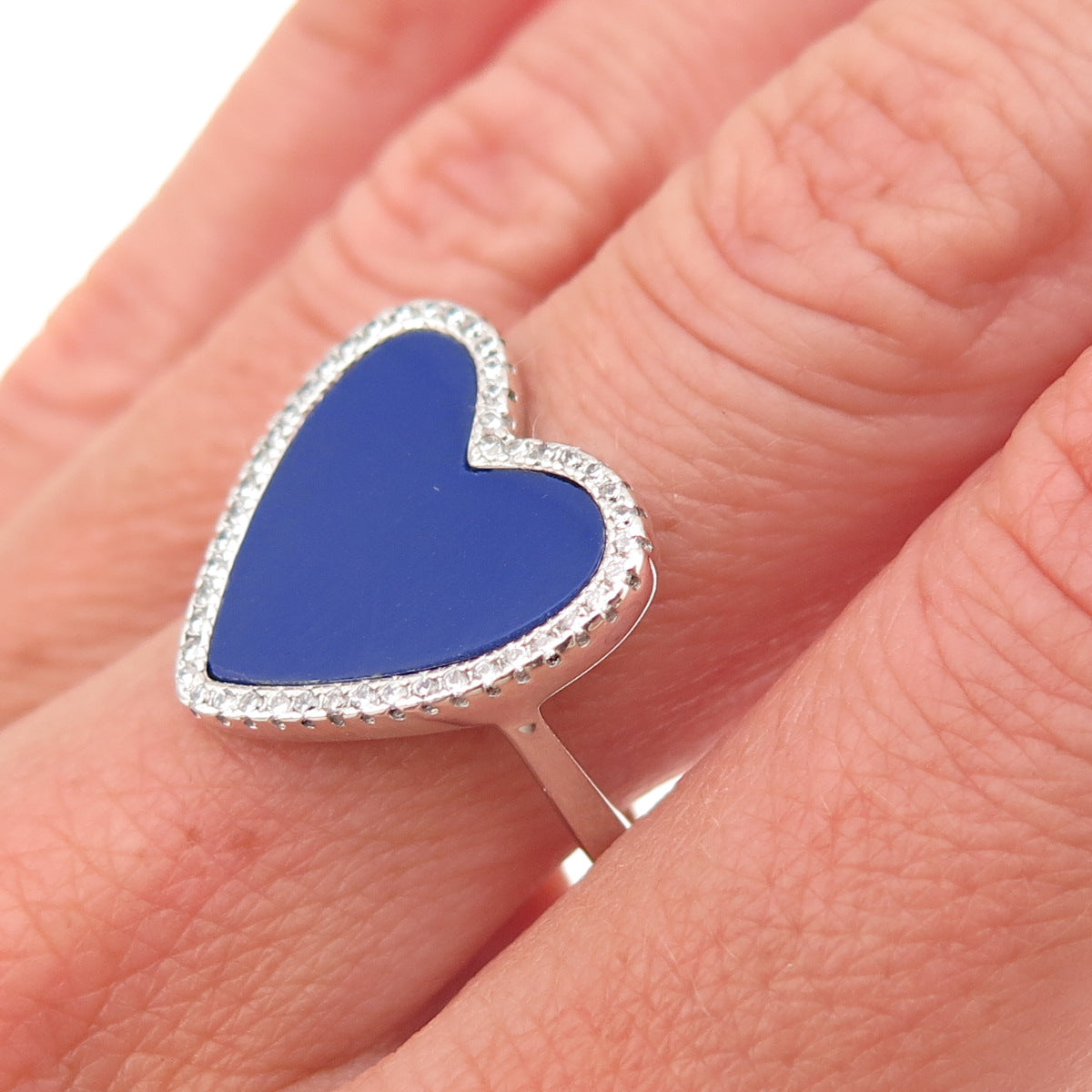 925 Sterling Silver Real Lapis & C Z Heart Ring Size 6.25