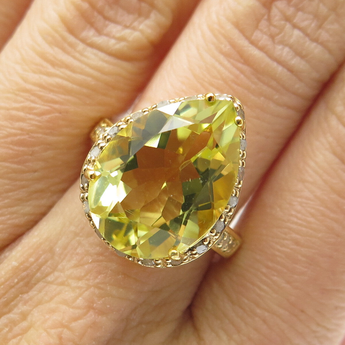 925 Sterling Silver Gold Plated Real Round-Cut Diamond & Citrine Ring Size 8.25