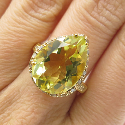 925 Sterling Silver Gold Plated Real Round-Cut Diamond & Citrine Ring Size 8.25