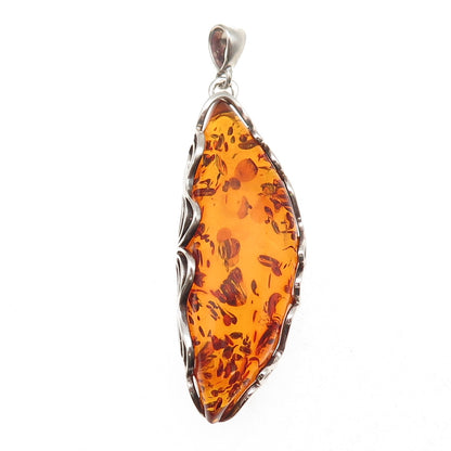 925 Sterling Silver Vintage K Poland Real Amber Modernist Oxidized Pendant