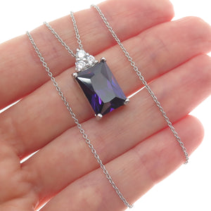 925 Sterling Silver Real Radiant-Cut Amethyst & C Z Cable Chain Necklace 16"