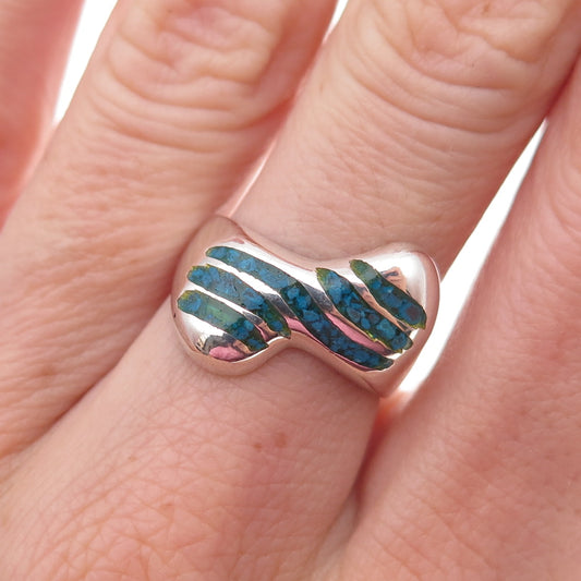 925 Sterling Silver Vintage Real Turquoise Inlay Modernist Wavy Ring Size 7