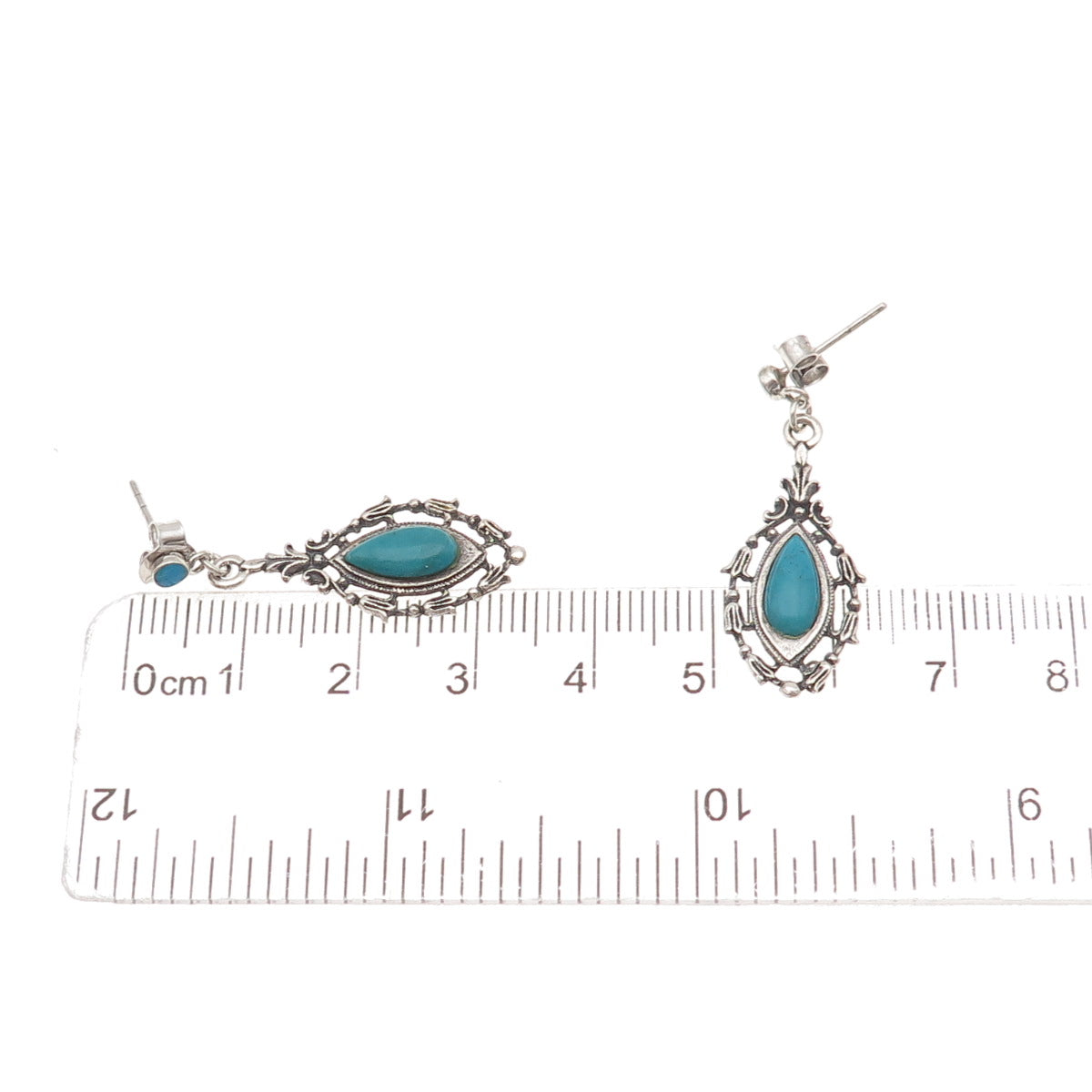 925 Sterling Silver Vintage Real Turquoise Floral Oxidized Dangle Earrings