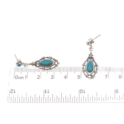 925 Sterling Silver Vintage Real Turquoise Floral Oxidized Dangle Earrings