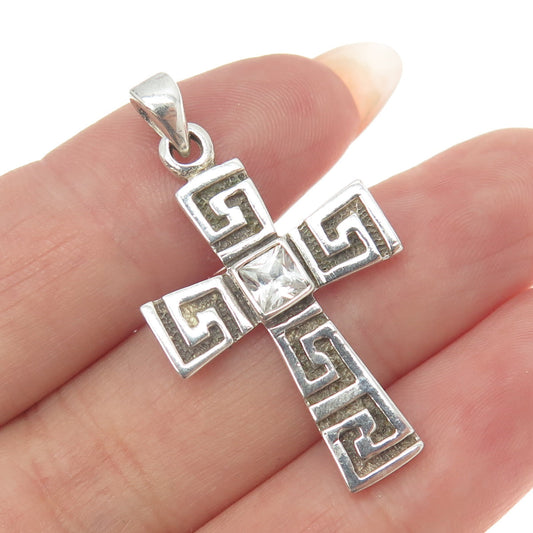 925 Sterling Silver Vintage Princess-Cut C Z Greek Maze Cross Pendant