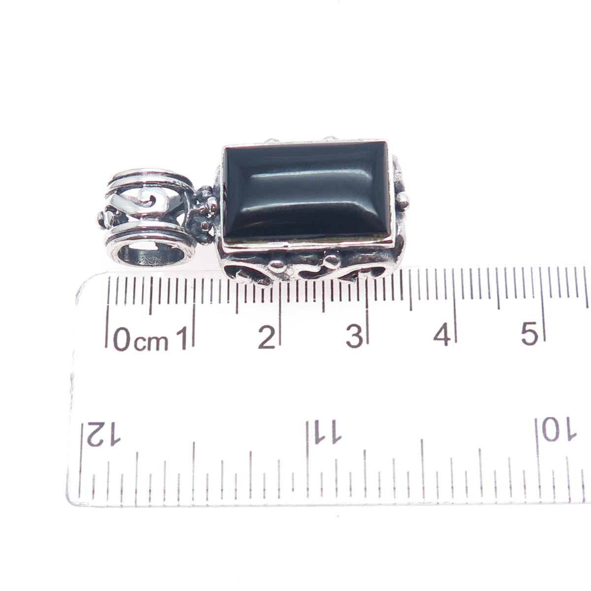 925 Sterling Silver Vintage Real Black Onyx Ornate Oxidized Charm Pendant