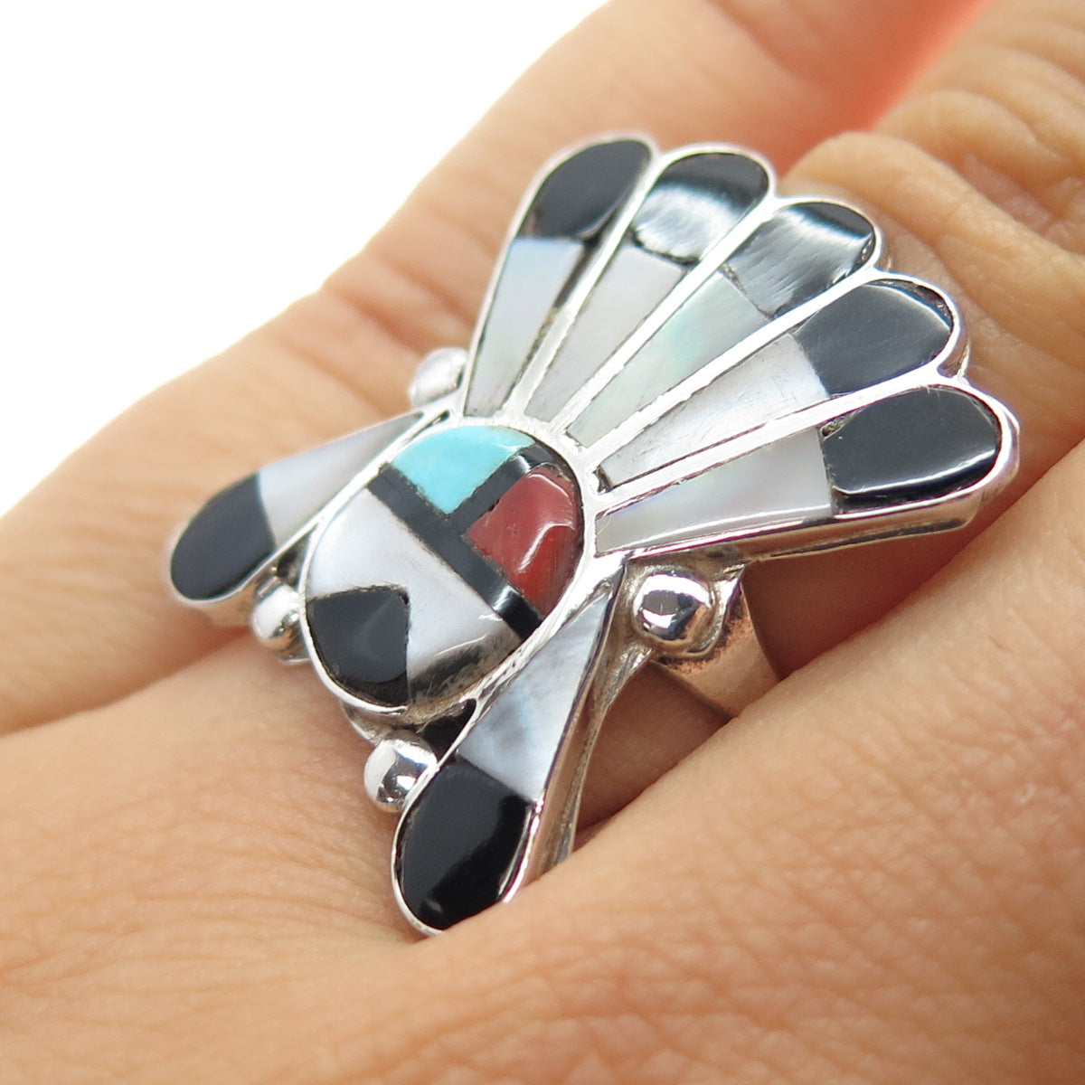 Old Pawn Zuni 925 Sterling Turquoise Coral Onyx MOP Indian Chief Ring Size 5.25
