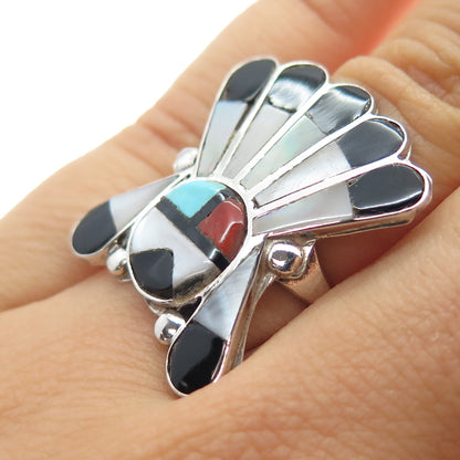 Old Pawn Zuni 925 Sterling Turquoise Coral Onyx MOP Indian Chief Ring Size 5.25