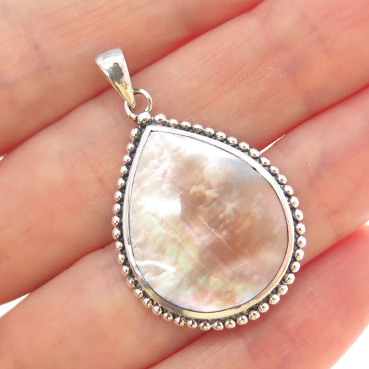 925 Sterling Silver Vintage Real Mother-of-Pearl Beaded Teardrop Charm Pendant