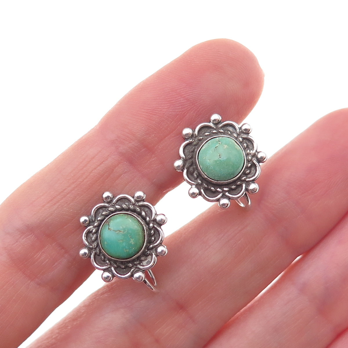 Old Pawn 925 Sterling Silver Vintage Turquoise Floral Tribal Screw Back Earrings