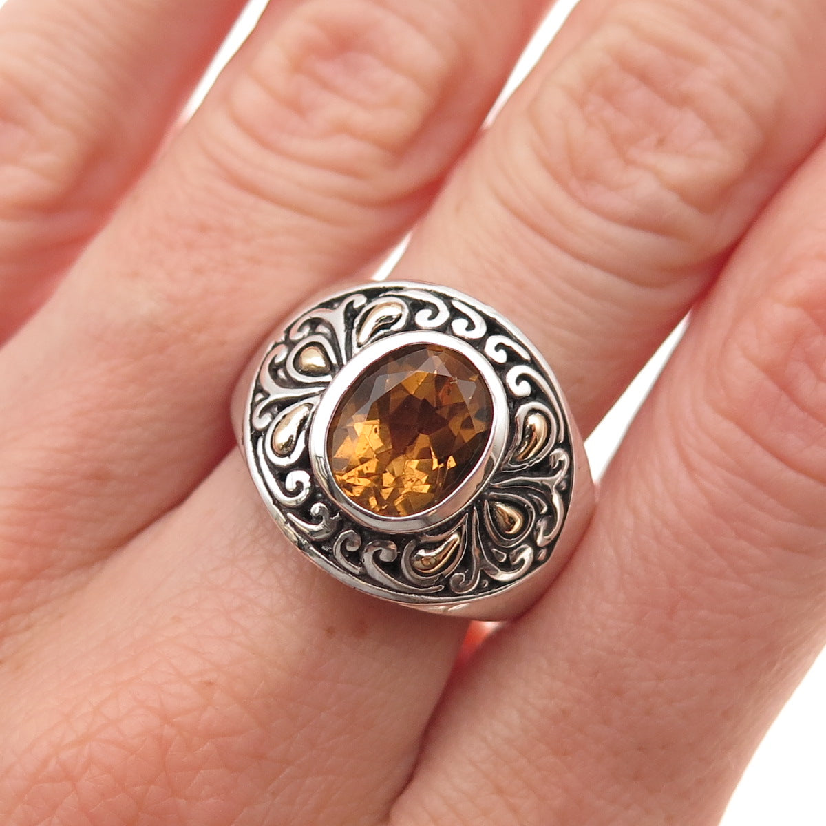 Samuel Benham Sterling Silver 18K Gold Vintage Real Citrine Oxidized Ring Size 8