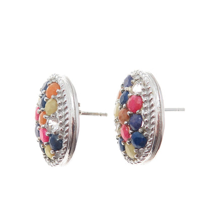 925 Sterling Silver Real Round-Cut Multi-Color Sapphire Earrings