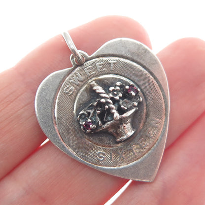 925 Sterling Silver Vintage Rhinestone Sweet Sixteen Heart Charm Pendant