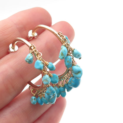 925 Sterling Silver Gold Plated Real Turquoise Beads Hoop Earrings