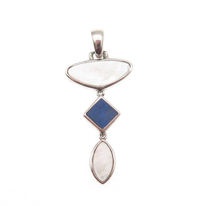 925 Sterling Silver Vintage Real Lapis & MOP Modernist Charm Pendant
