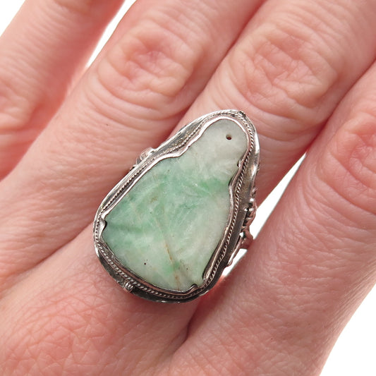 925 Sterling Silver Antique China Real Jade Carved Buddha Ring Size 8.25
