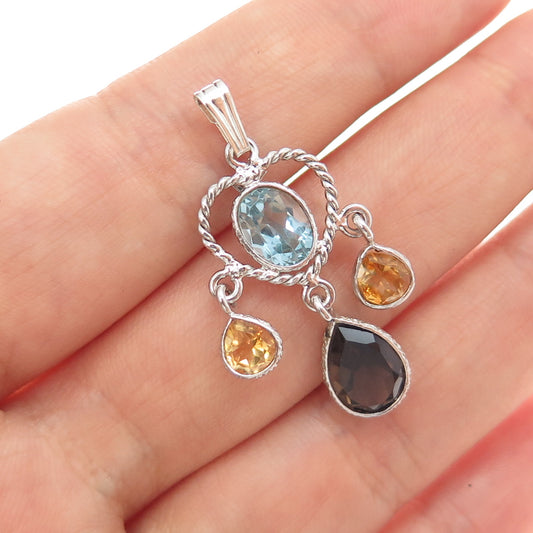 ATELIER 925 Sterling Silver Vintage Real Blue Topaz Citrine Smoky Quartz Pendant