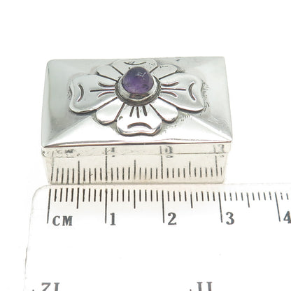 DAMASO GALLEGOS Sterling Silver Vintage Mexico Amethyst Flower Pill Snuff Box