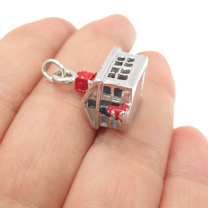 925 Sterling Silver Antique Art Deco Enamel House Minimalist 3D Charm Pendant