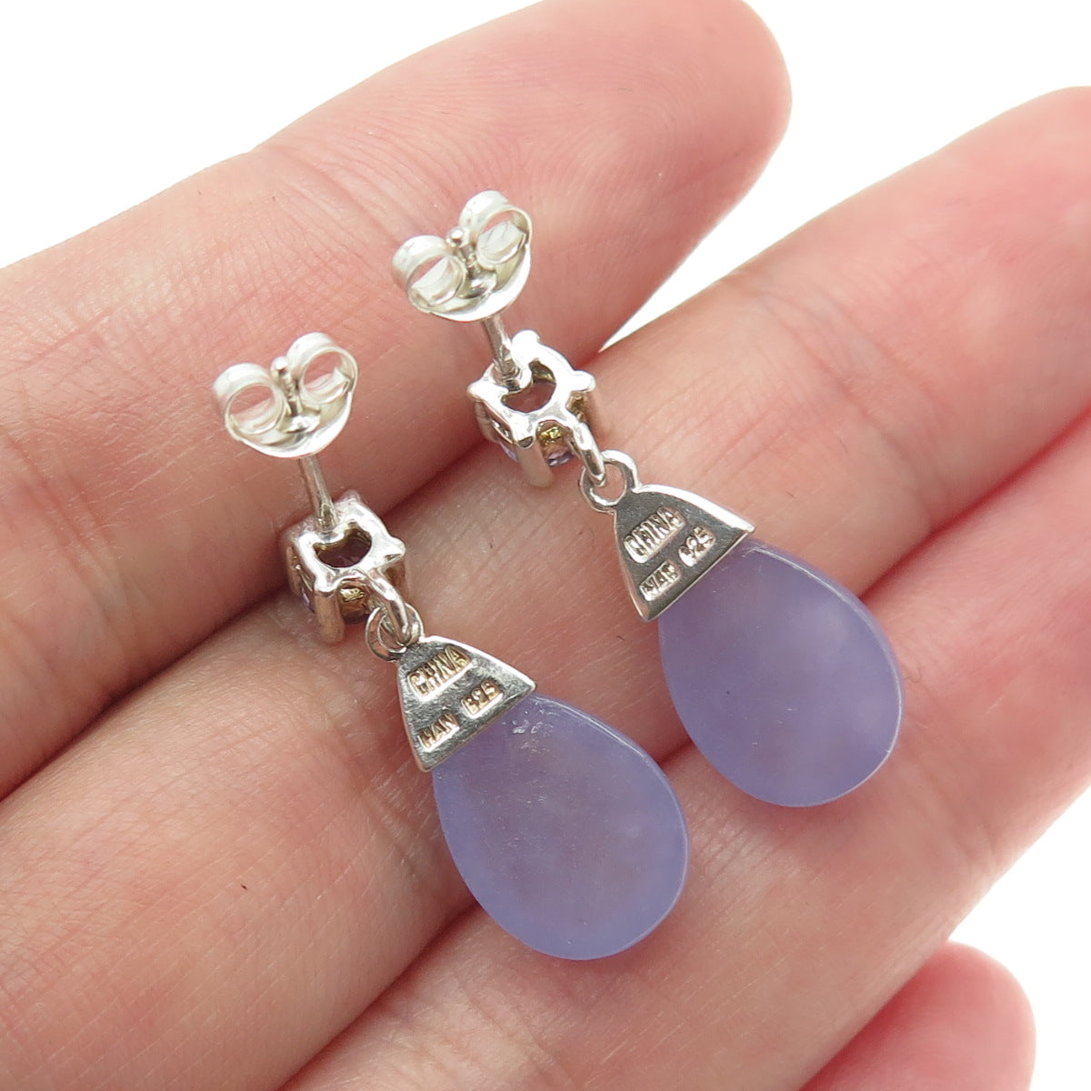 HAN 925 Sterling Silver Vintage Real Lavender Jade & Amethyst Gemstone Earrings