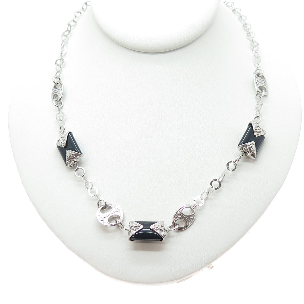 DOBBS Sterling Silver Vintage Italy Real Black Onyx Station Chain Necklace 20"