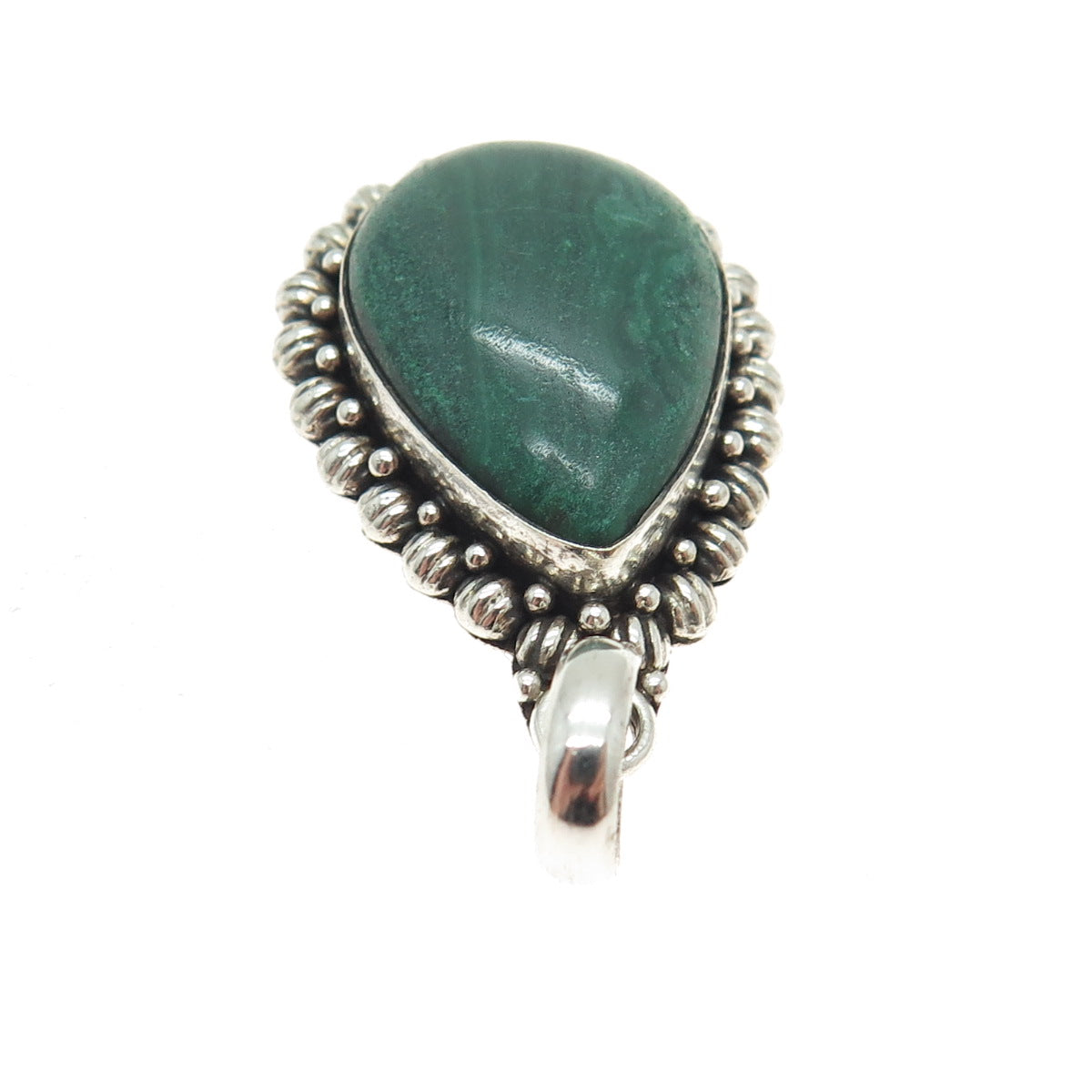 925 Sterling Silver Vintage Real Malachite Gemstone Ethnic Teardrop Pendant