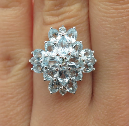 925 Sterling Silver Real Oval & Round-Cut Blue Topaz Cluster Ring Size 6.25