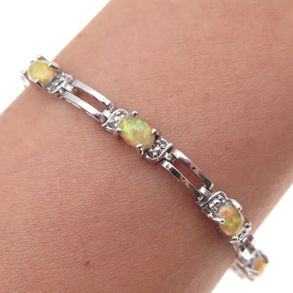 925 Sterling Silver Real Diamond Accent & Opal Bracelet 7"
