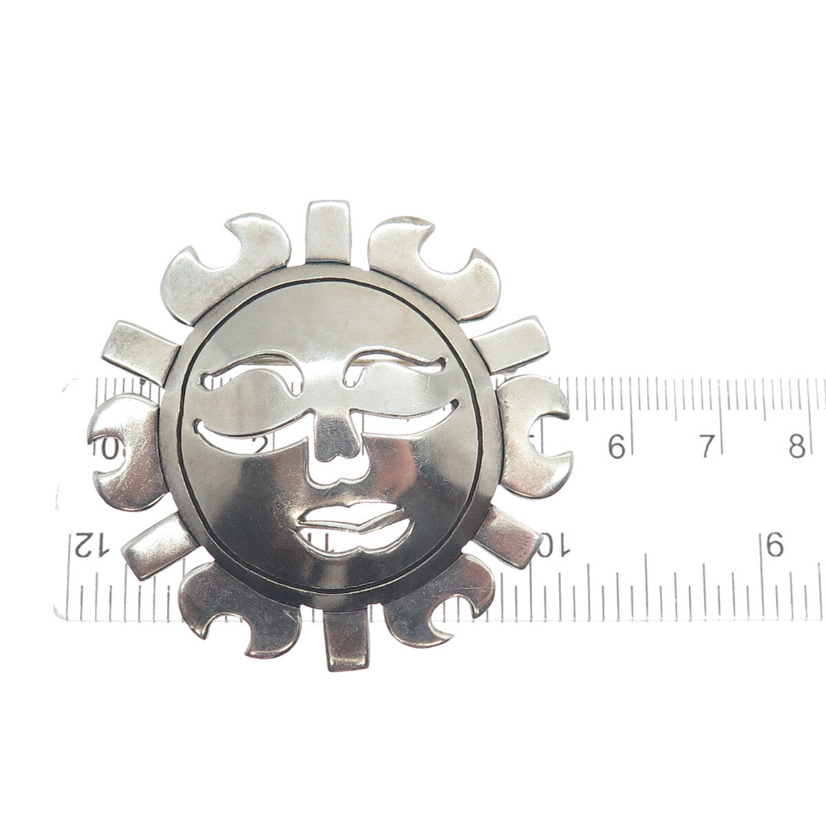 925 Sterling Silver Vintage Mexico Sun Face Oxidized Pin Brooch