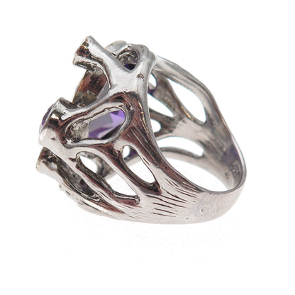 925 Sterling Silver Vintage Purple C Z Modernist Oxidized Ring Size 9.25