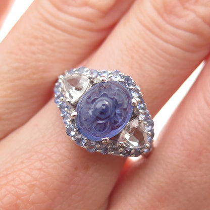 Chuck Clemency 925 Sterling Real Tanzanite & White Topaz Floral Ring Size 8.25