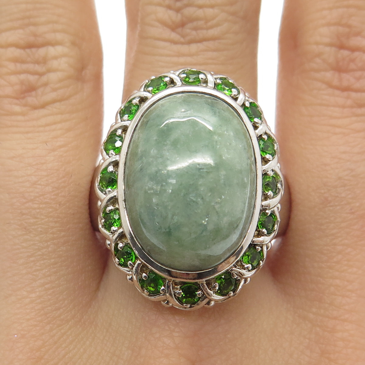 MICHELLE ALBALA 925 Sterling Silver Vintage Jade & Peridot Gem Ring Size 10.25