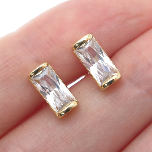 925 Sterling Silver Gold Plated Baguette-Cut C Z Stud Earrings