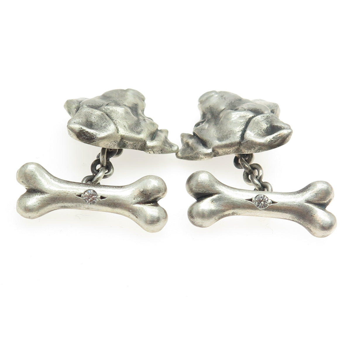 925 Sterling Silver Vintage Real Round-Cut Diamond Jack Russell Cufflinks