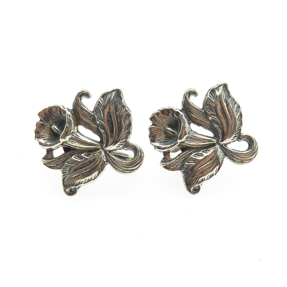 925 Sterling Silver Antique Calla Lily Floral Oxidized Screw Back Earrings