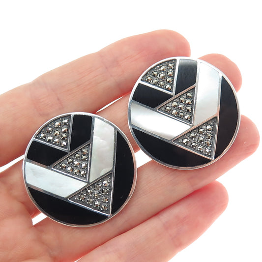 925 Sterling Silver Vintage Real Black Onyx MOP & Marcasite Clip On Earrings