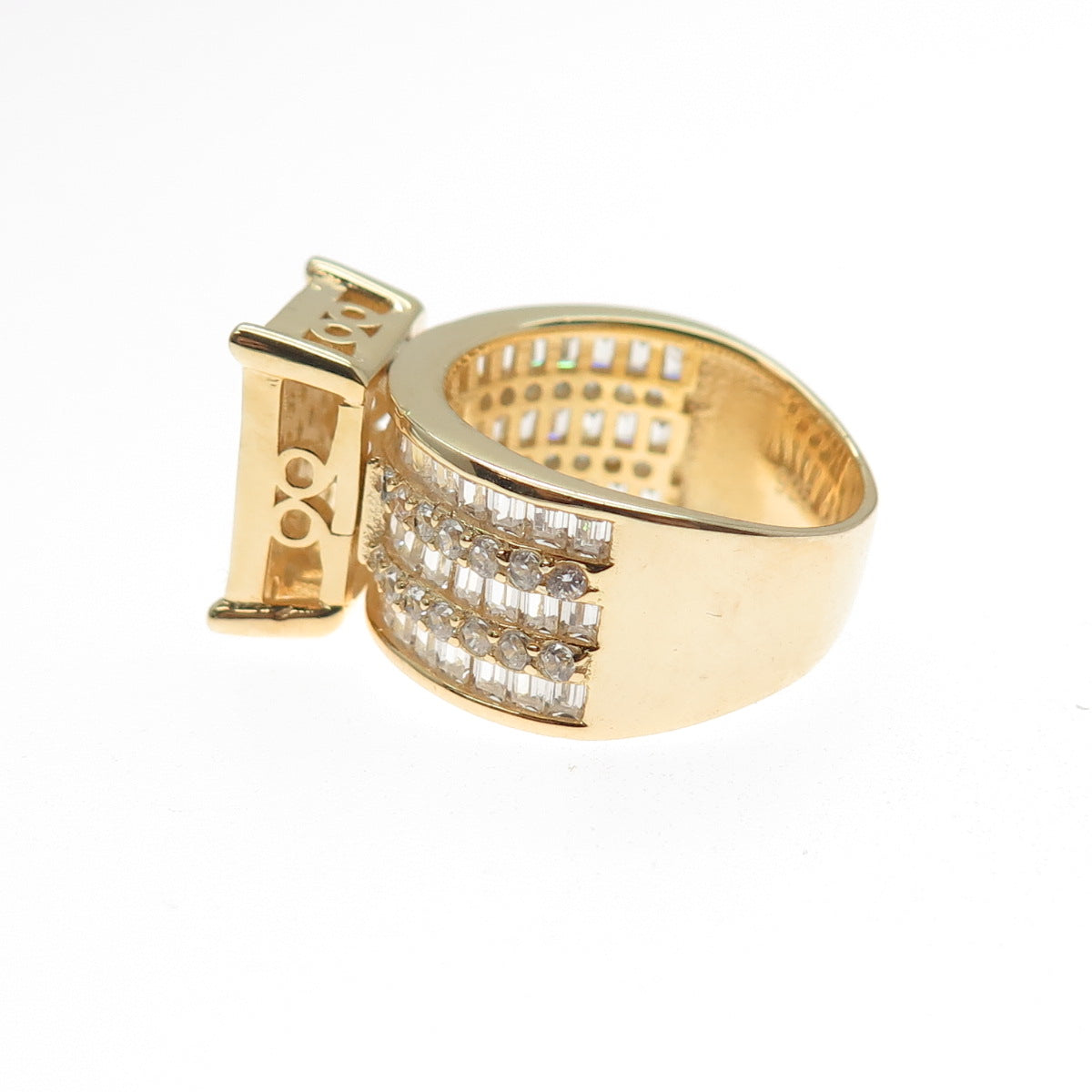 925 Sterling Silver Gold Plated Round & Emerald-Cut C Z Ring Size 6.25