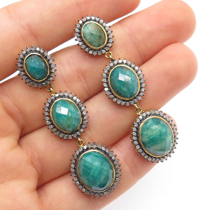 925 Sterling Silver Gold Plated Real Diamond & Emerald Dangle Earrings