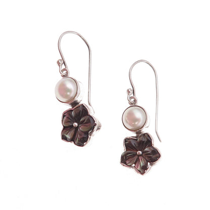 925 Sterling Silver Vintage Real Pearl & Abalone Shell Floral Dangle Earrings