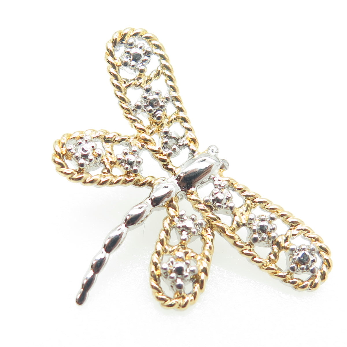 HAN 925 Sterling Silver 2-Tone Real Diamond Accent Dragonfly Pendant