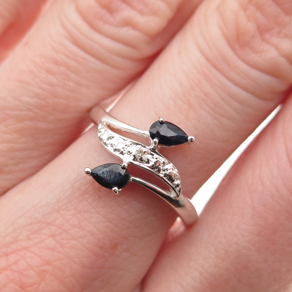 925 Sterling Silver Real Diamond Accent & Sapphire Bypass Ring Size 7