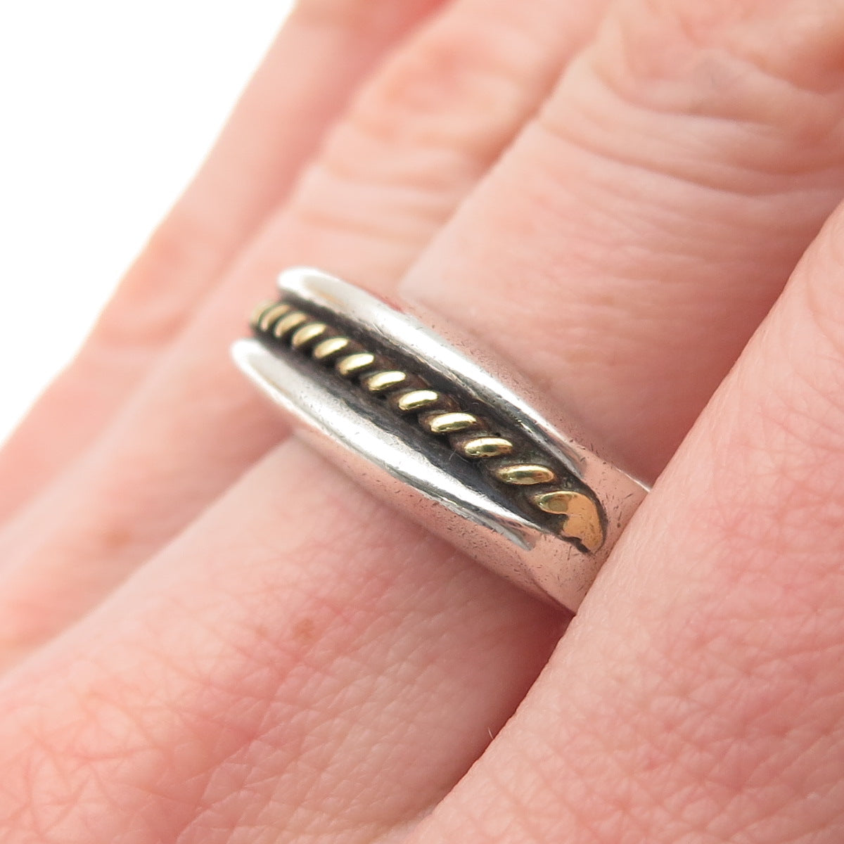 925 Sterling Silver 2-Tone Vintage Mexico Modernist Oxidized Ring Size 8