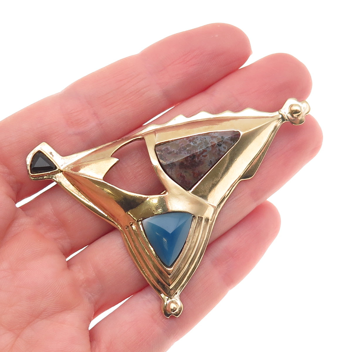 925 Sterling Silver Gold Plated Vintage Real Agate & Onyx Modernist Pin Brooch