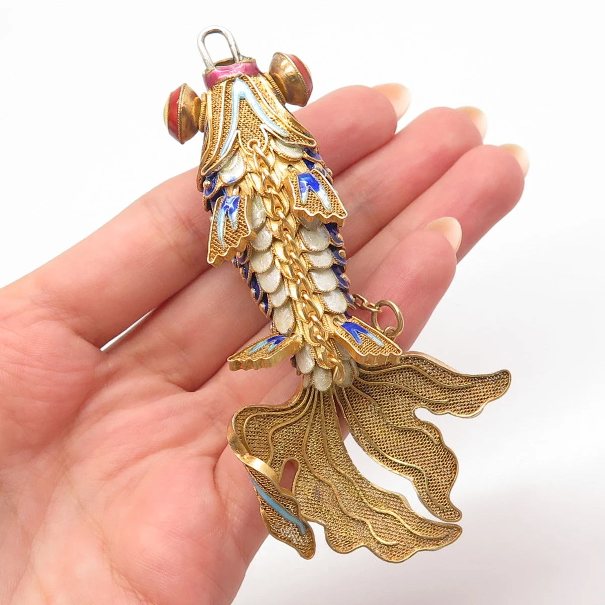 925 Sterling Silver Gold Plated Antique Enamel Chinese Koi Fish Pendant / Fob